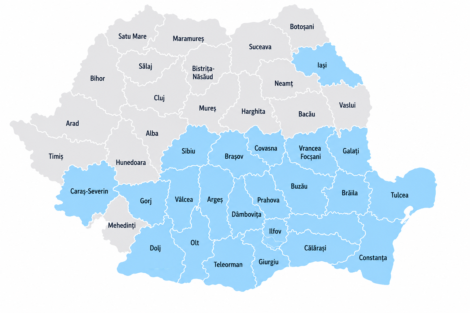 Harta României cu județele în care s-au executat lucrări de foraje puțuri marcate cu albastru